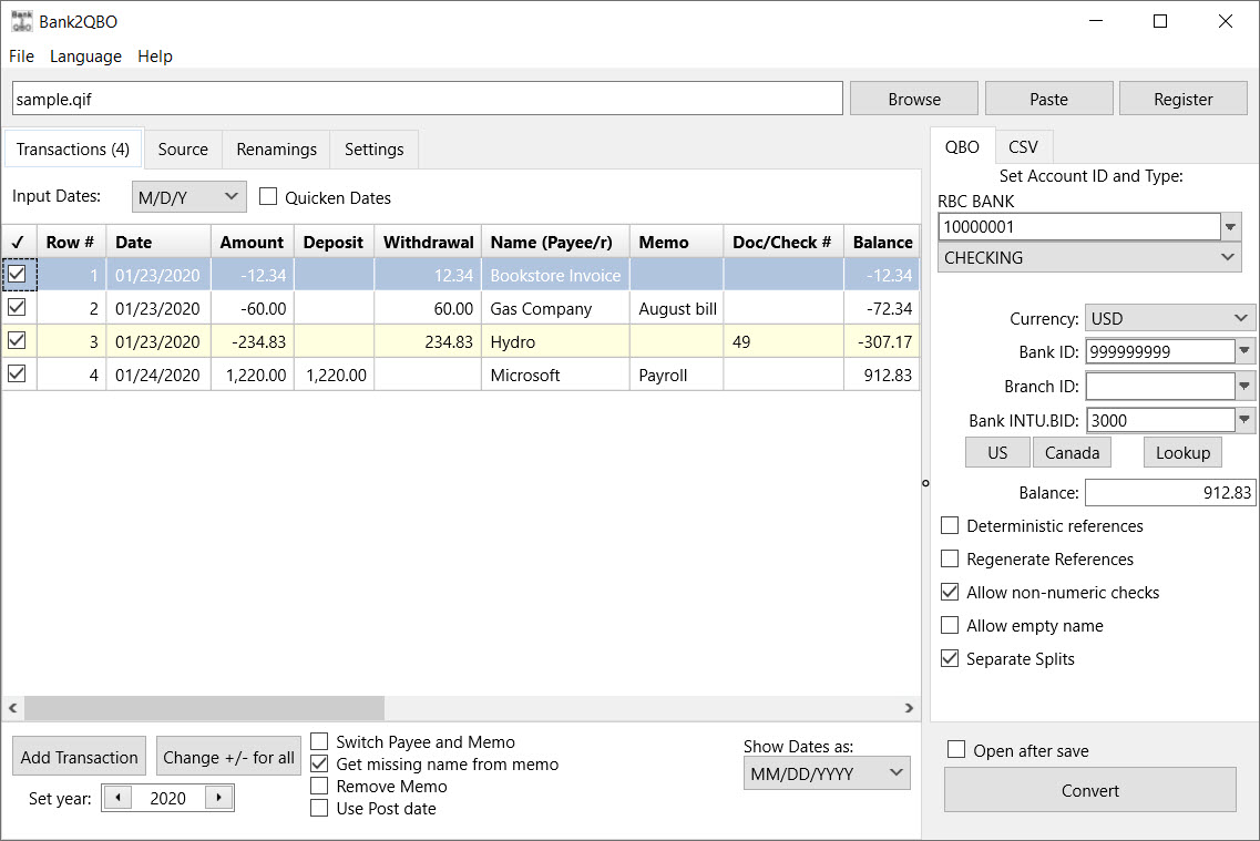 Bank2qbo Convert Csv Xls Xlsx Pdf Qfx Ofx Qbo Qif Mt940 Sta 6897