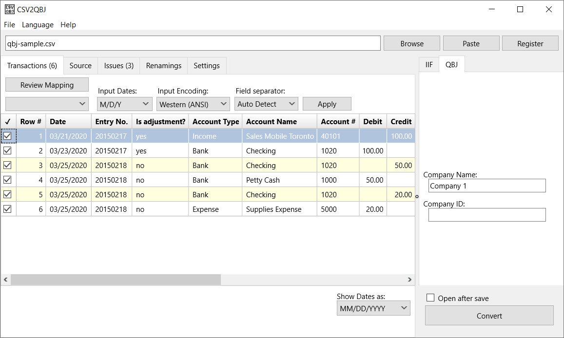 CSV2QBJ Convert General Journal Entries in CSV/Excel to QBJ, IIF and